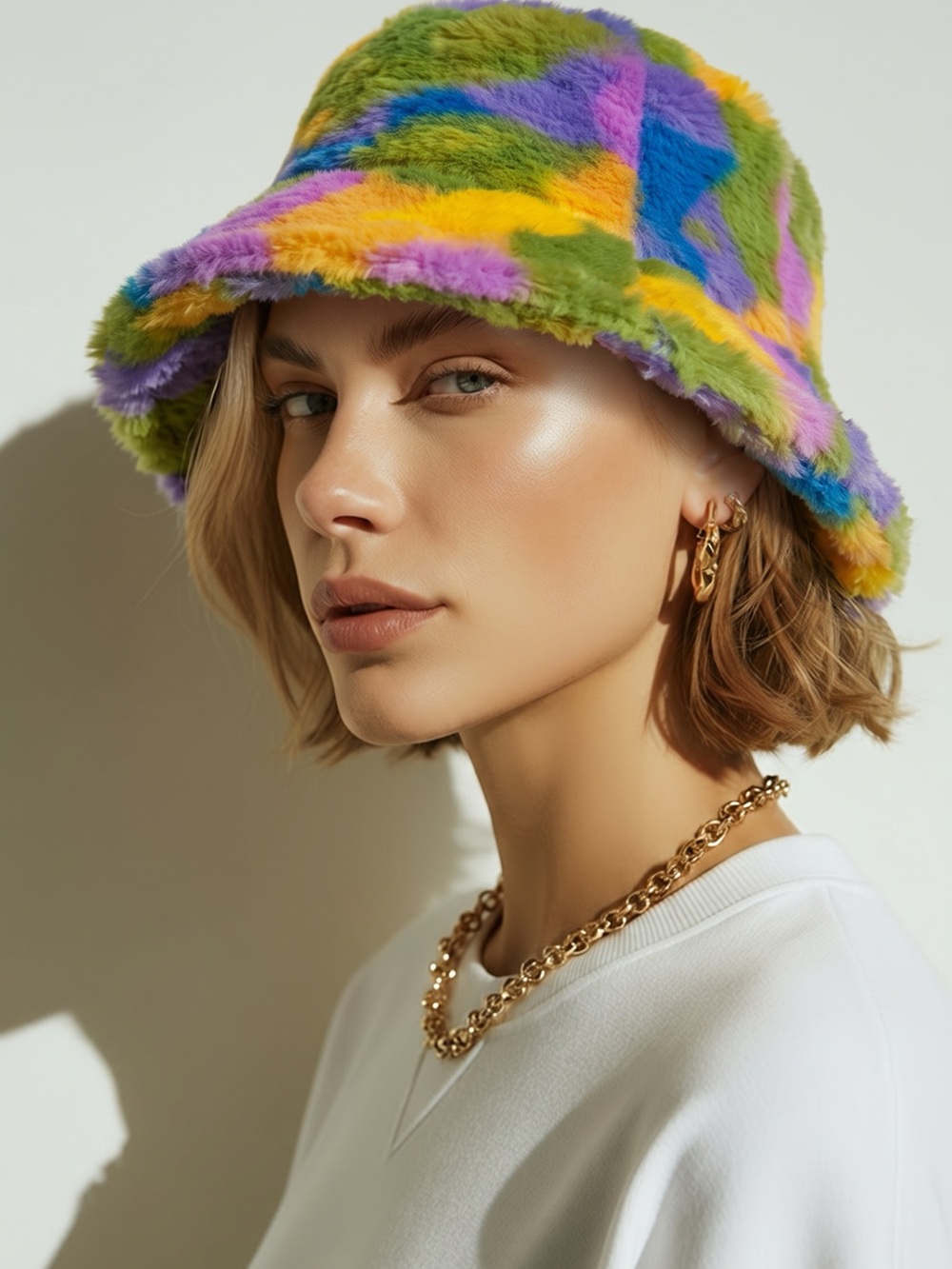 NWOT Fuzzy Multicolored Faux Fur Tie Dye Bucket Hat One Size